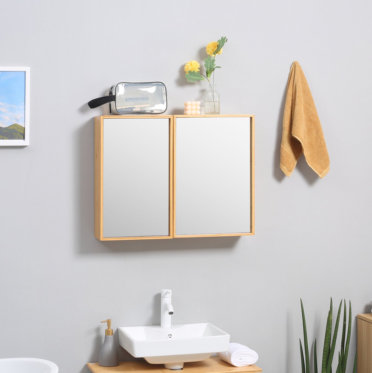 MEUNIQ badkamerspiegelkast 65,2 x 14 x 50 cm met 2 spiegeldeuren en 3 binnenplanken, wandk