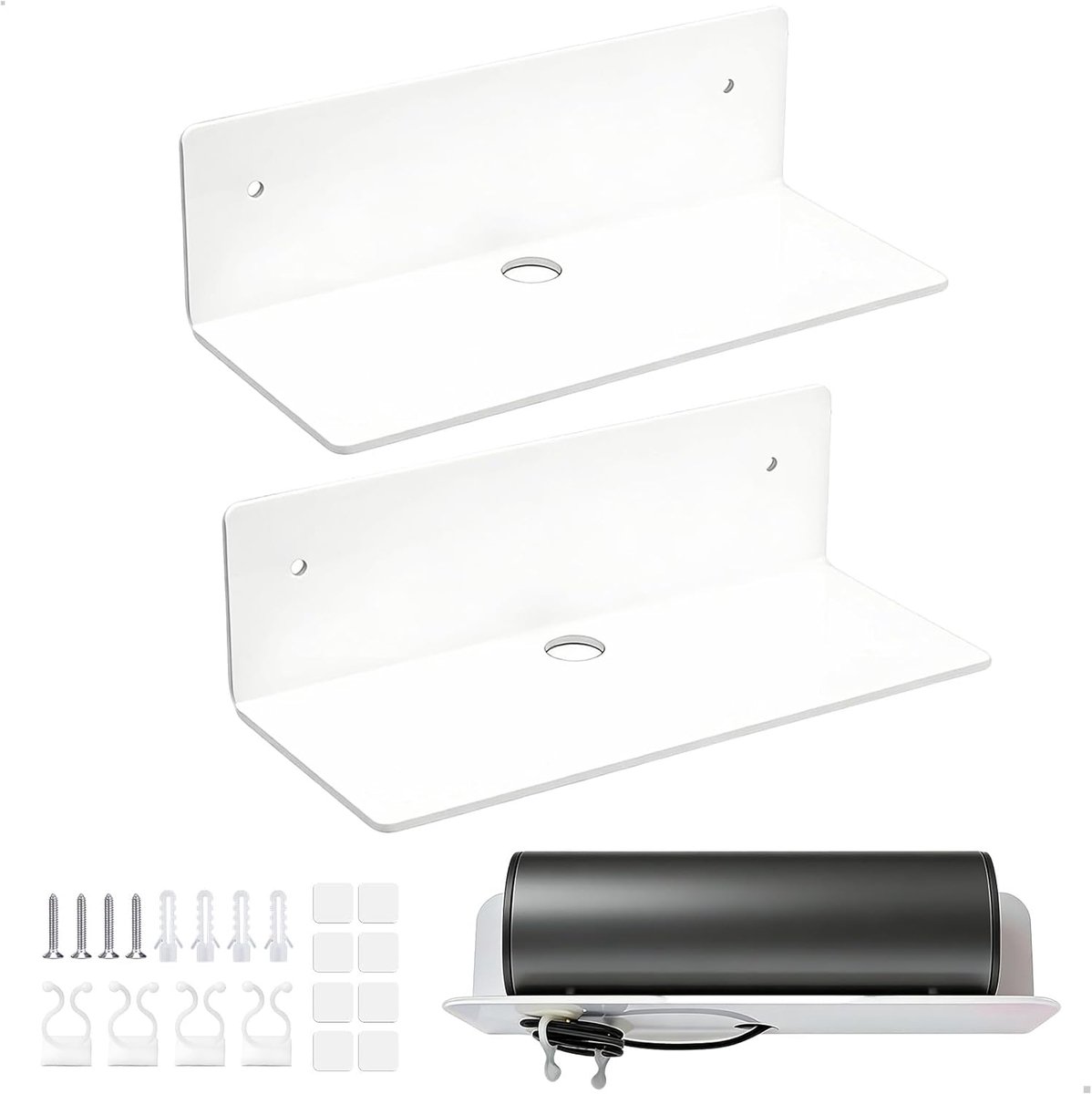 Zwevende plank, set van 2, kleine plank, muur voor badkamer, keuken, werkkamer met kabelbeheer, wandrek voor woonkamer, slaapkamer, smart luidspreker, klok
