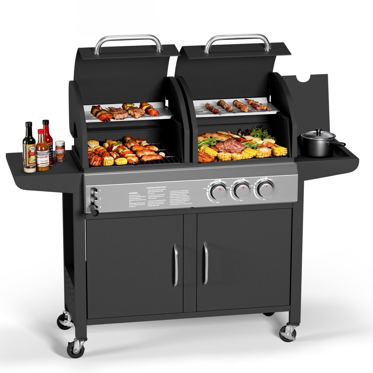 Professionele Combinatie Grill - 3 Branders Gas & Houtskool BBQ met Zijbrander - 24.000 BTU Rook Grill - RVS Buitenkeuken Grill voor Tuin & Party