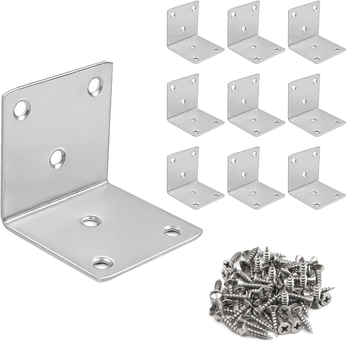 10 stuks metalen hoeken 90 graden, 39 mm hoekverbinders roestvrij staal, zilveren hoek metaal, stalen hoek met schroef, hoekijzer, zware lasten, houten connector, montagehoek voor meubels