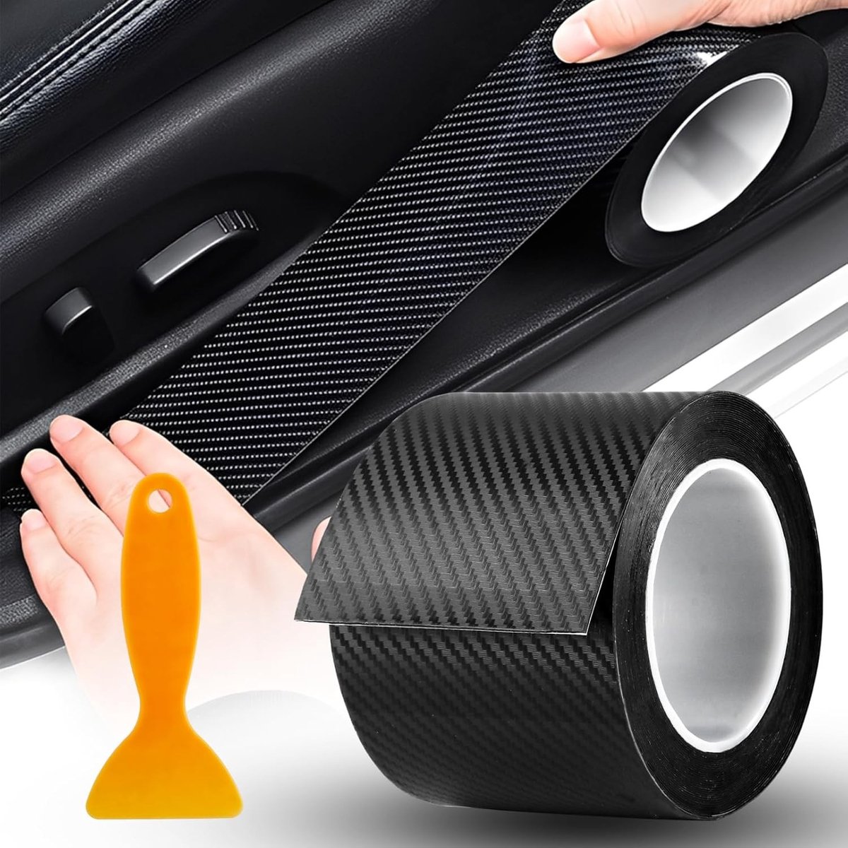 Car Door Sill Protector 10m X 10cm, Zelfklevende Carbonfolie, Beschermende Film voor Auto Deuren en Dorpels, 0.58mm K3D Film met Squeegee voor Duurzame Bescherming