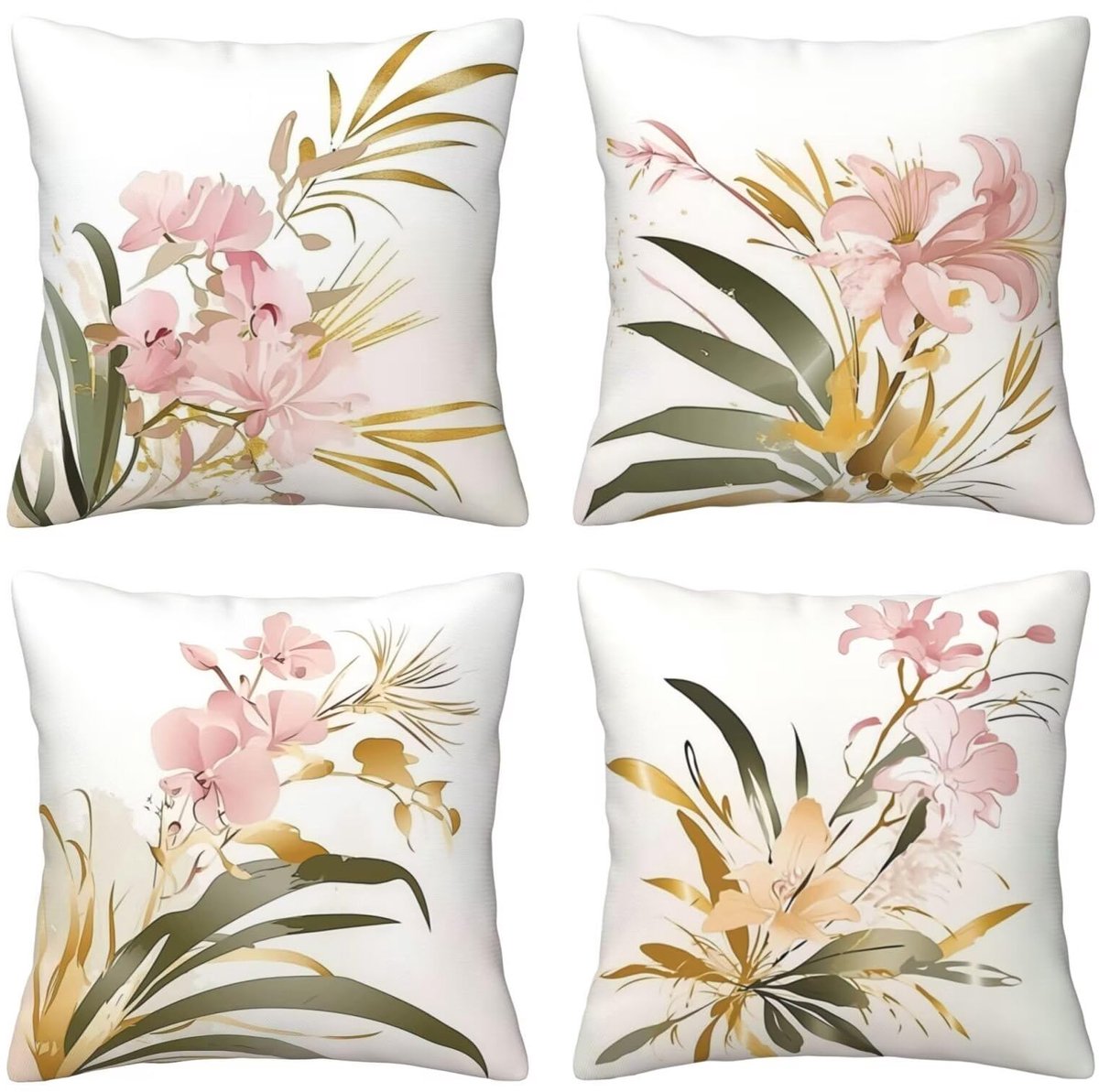 Set van 4 kussenslopen, sierkussenhoezen, roze bloemen, 65 x 65 cm, behaaglijk, kussenhoes met onzichtbare ritssluiting, zacht, wollig, bankkussen, wasbaar, voor terras, tuin, bank en woonkamer