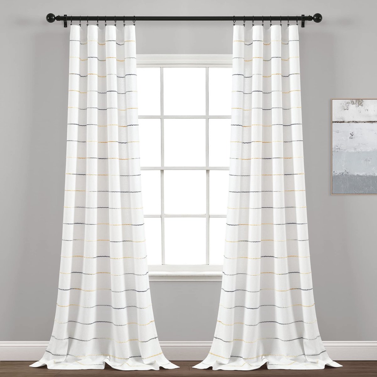 Decor Ombre streep garen geverfd katoen venster gordijn paneel set - kleurrijk getuft garen streep detail - 2 vensterpanelen - 101,6 cm B x 241,3 cm L, geel en grijs