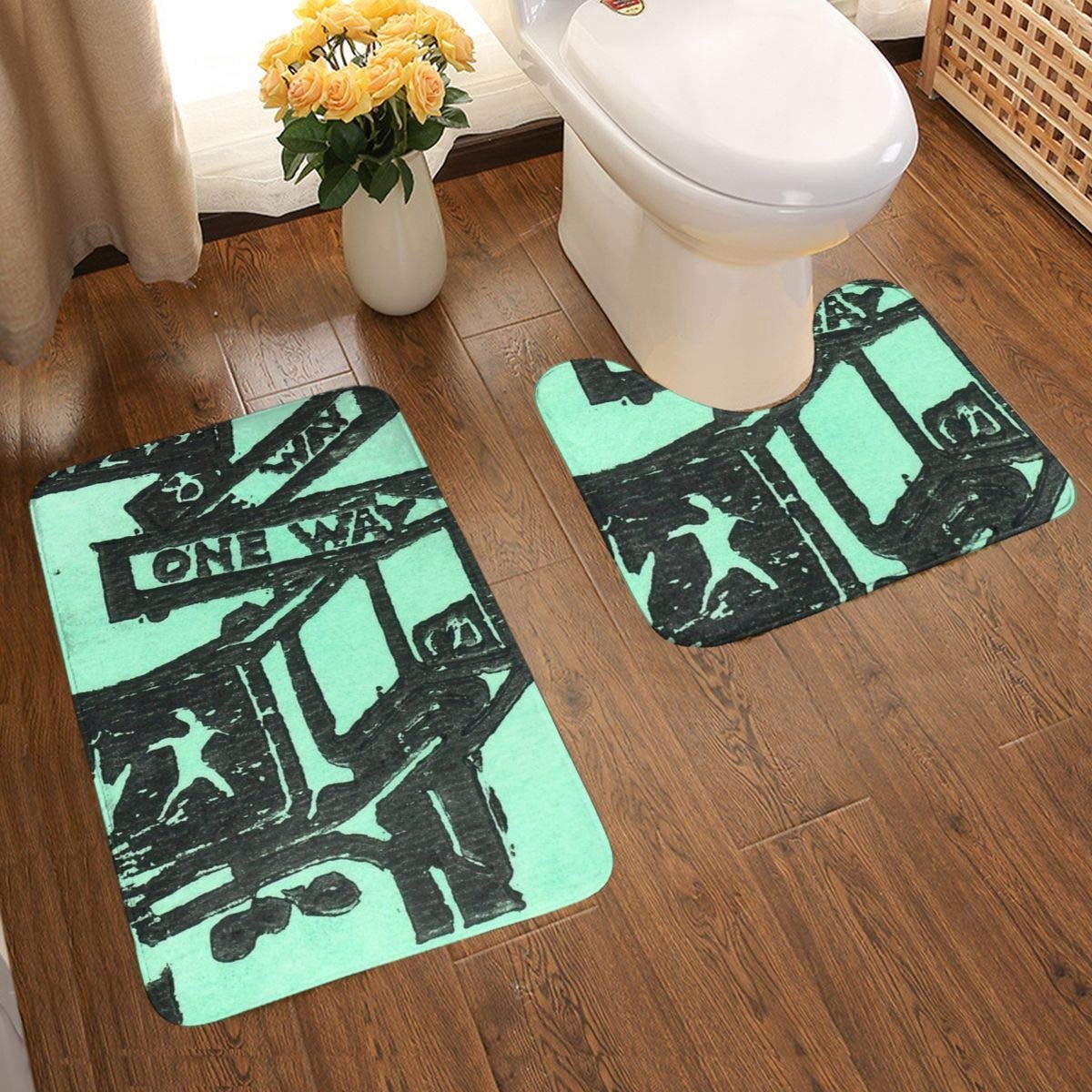 And Aqua Street Signs 2-delige zachte anti-slip badmat set, textuur fotografie inclusief 80x50cm hoge absorptie wc-bril en 50x40cm microvezel zachte zachte zachte badkamer tapijt, anti-slip mat