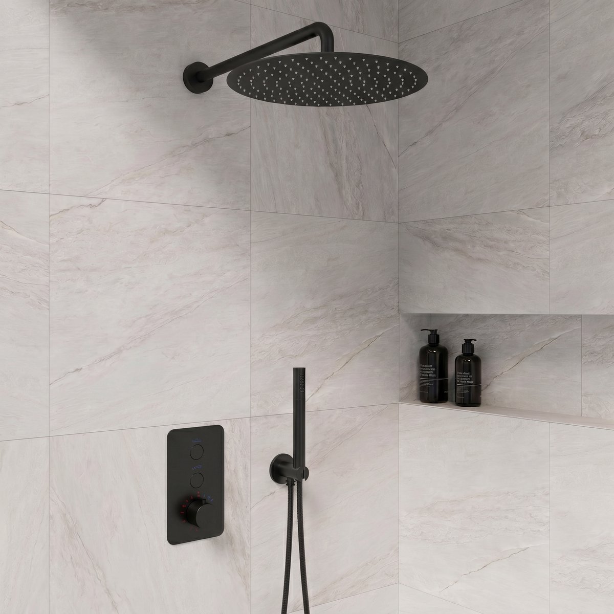Complete inbouwdouche Sanitado Flack Click met 30cm stortdouche en handdouche in mat zwart