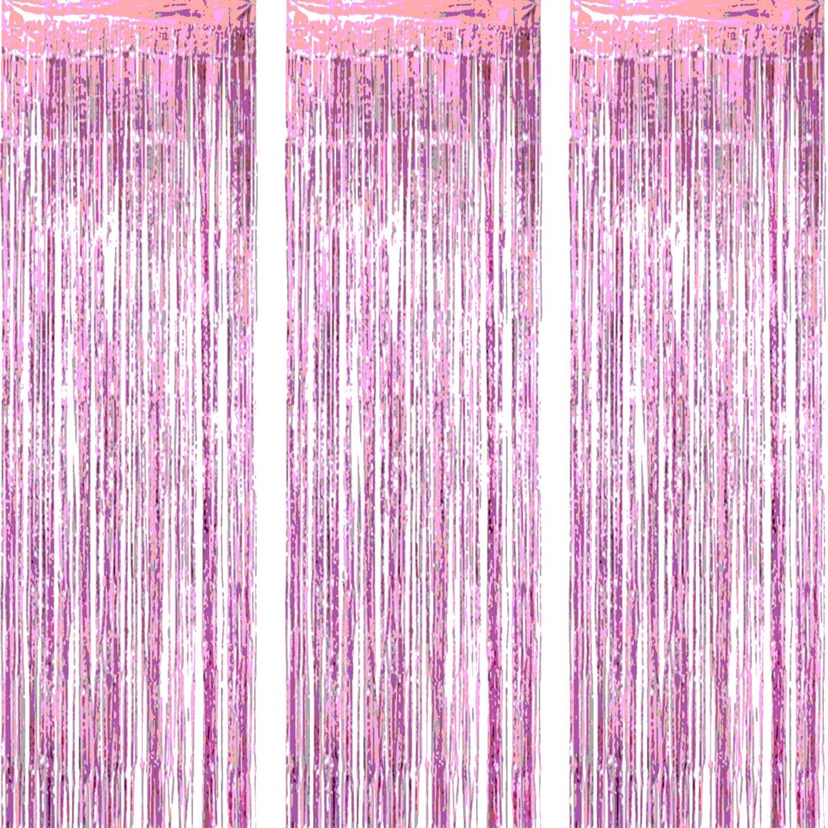 3 stuks wandachtergrond, deur, raamdecoratie, blad, metalen franjes, tinsel shimmer streamers, gordijnen voor verjaardag of bruiloft, 92 x 245 cm, roze