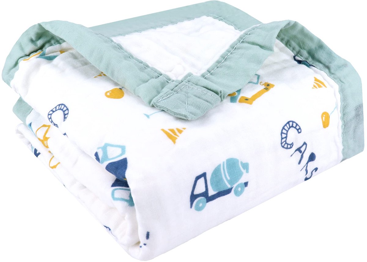 Deken 6-laags Knuffeldeken Baby Katoen 110 x 110 cm Mousseline Babydeken Wikkeldeken Zachte Deken voor Badhanddoek, Kinderdeken Nieuwgeborenen Unisex (Graafmachine)