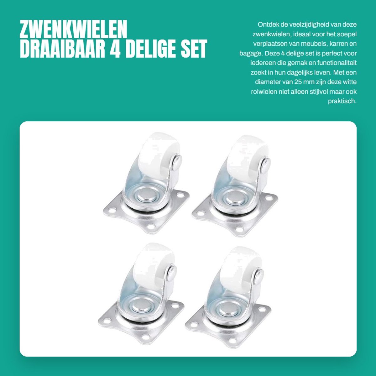 Dailygoods- Zwenkwielen Draaibaar - Zwenkwielen Set van 4 - Meubelwiel Wit - Zwenkwielen met Beugelbehuizingen - Max. Laden 10kg - Duurzaam en Hoogwaardig - Rolwielen