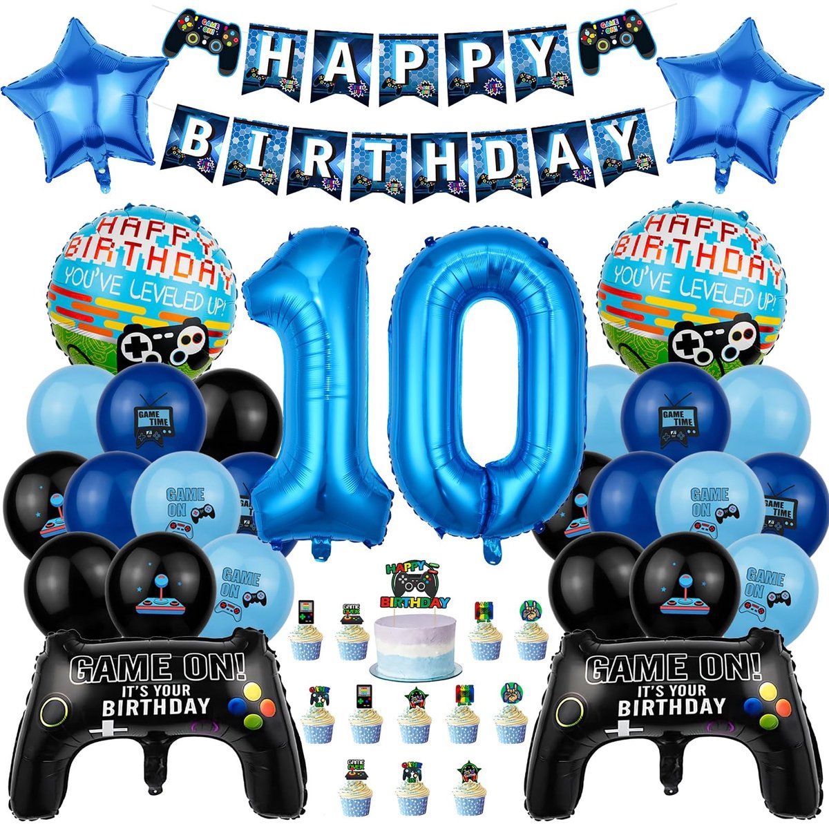 Dailygoods- Ballon 10e Verjaardag Blauw - Videogame Taartdecoratie - Jongens Verjaardag Decoratie - Thema Verjaardagsfeestje - Folieballon - Milieuvriendelijk Materiaal - Feestballon