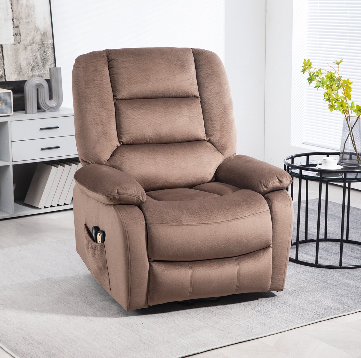 MIVRAY Fauteuil 90 x 93 x 110 cm - Elektrische Relaxfauteuil Met Sta-op Functie, Massage En Warmte - Voor Woonkamer - Stof Bruin