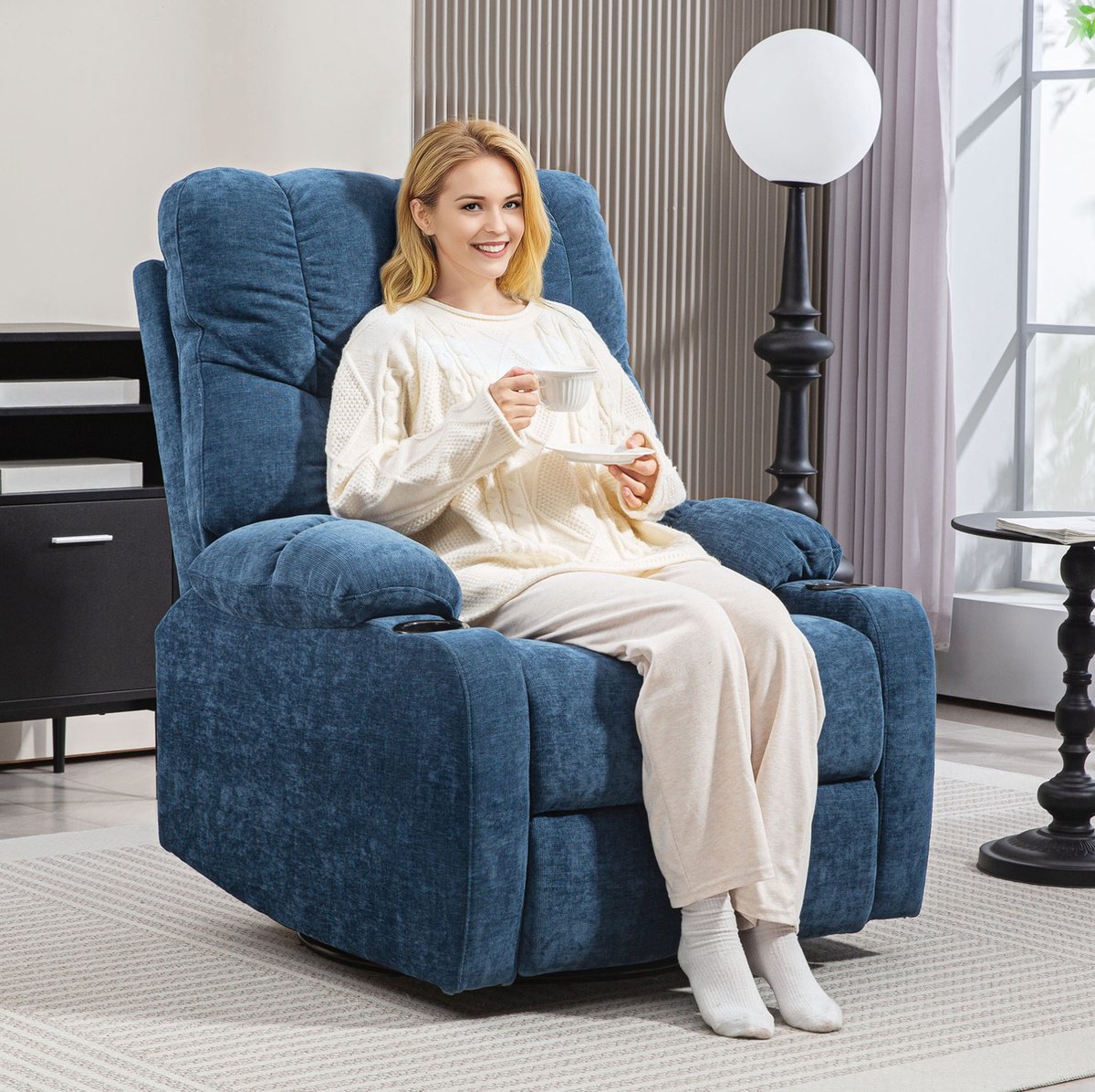 MIVRAY Relaxfauteuil 88 x 96 x 108 cm - Handmatig Verstelbaar Met Ligfunctie, Draaifunctie En Schommelfunctie - Voor Woonkamer - Stof Blauw Donkerblauw