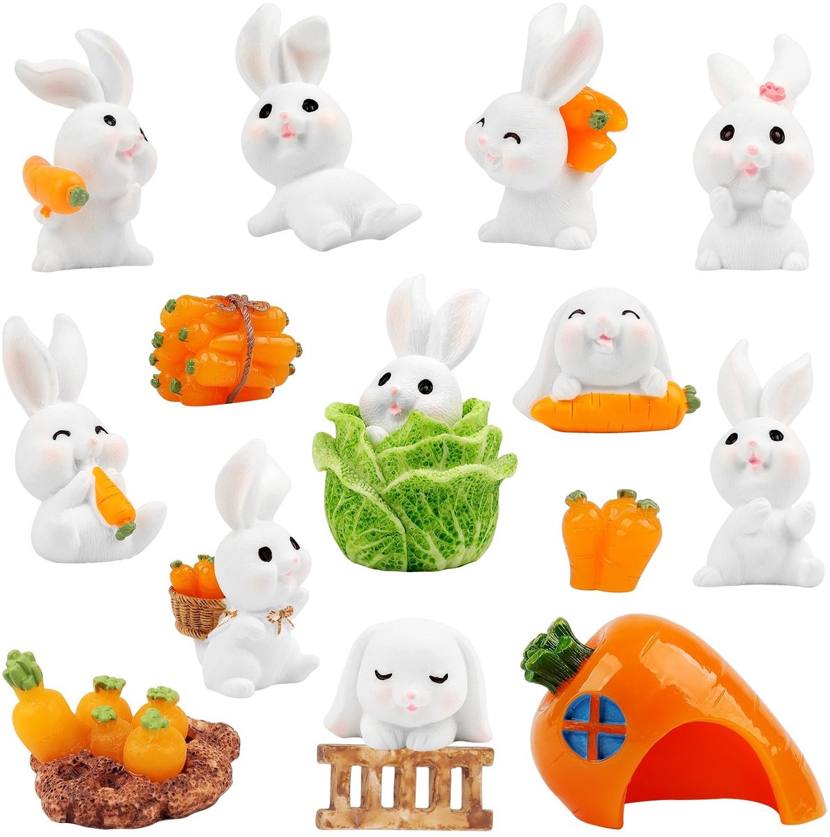 Dailygoods- Konijn Beeldjes Set - Miniatuur Figuren - Hars Beeldjes - Tuin Decoratie - Taart Toppers - 1 Inch Hoog - Miniatuurfiguren