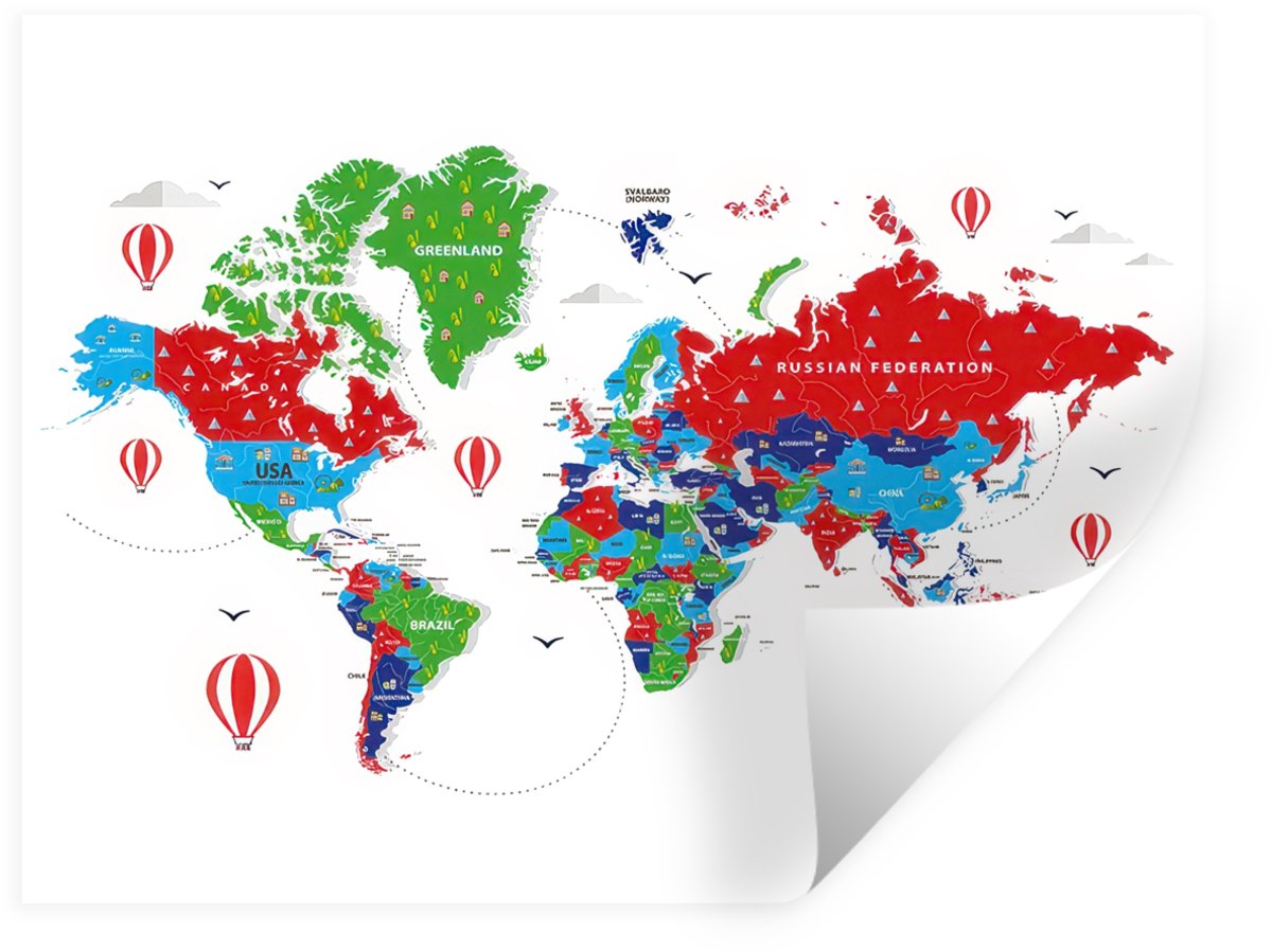 Muurstickers - Sticker Folie - Wereldkaart - Kleuren - Luchtballon - 120x90 cm - Plakfolie