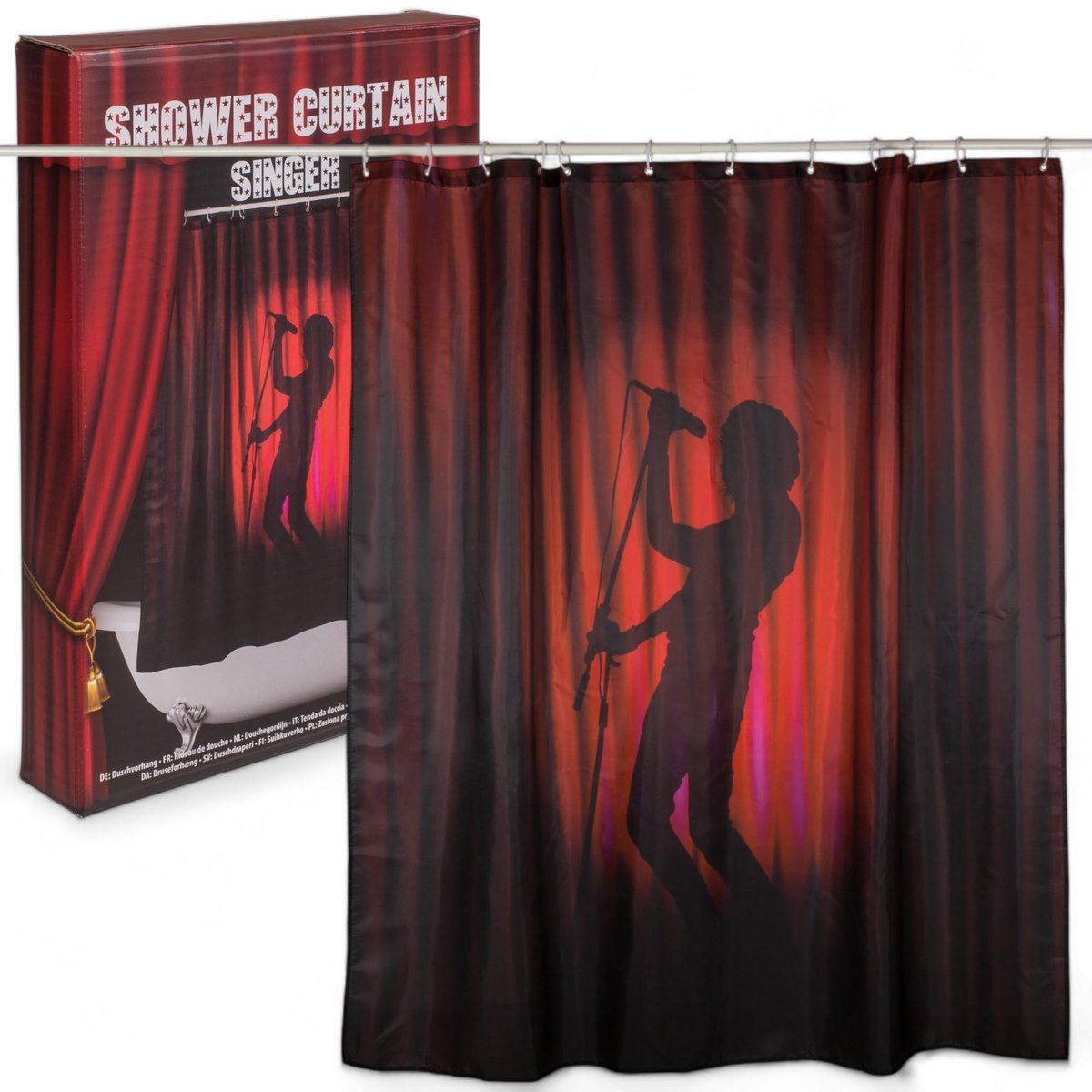 Dailygoods- Douchegordijn Waterafstotend - 180x180 cm - Zangersilhouet - Inclusief 12 Haken - Origineel Ontwerp - Muzikale Doucheervaring - Badkamergordijn
