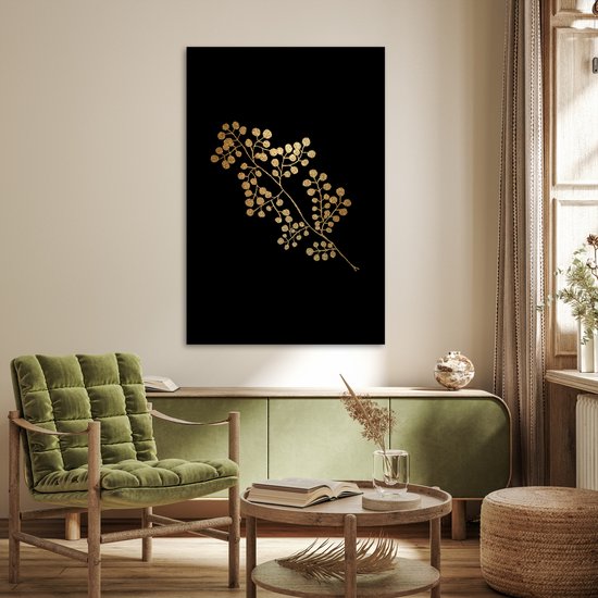 Branche à feuilles rondes dorées sur fond noir 80x120 cm