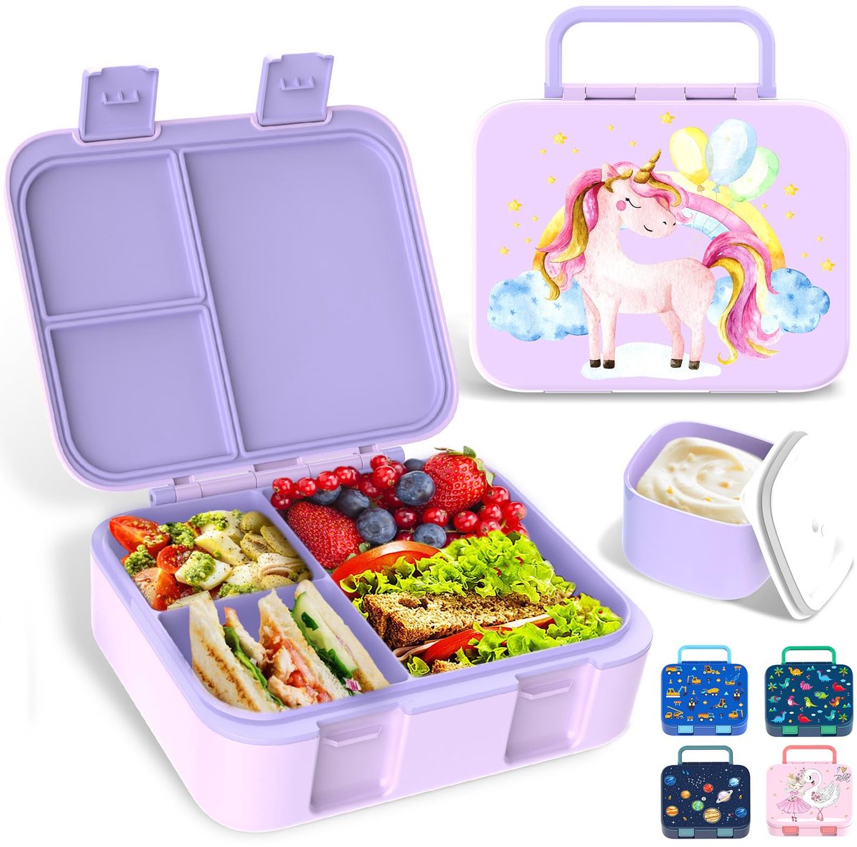 Lunchbox voor kinderen, lekvrije bento-lunchbox met meerdere compartimenten en sauspot, draagbare snackbox, zeemeermin-bentobox voor kinderen, volwassenen, werk, school, paarse eenhoorn