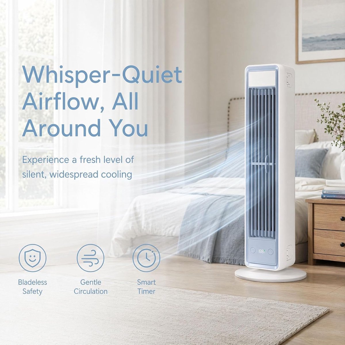 VHV - Torenventilator - Ventilatoren - Kolomventilator - Ventilator met afstandsbediening - Zonder bladen - Oscillerend - Stil - Compact - Voor slaapkamer, woonkamer en kantoor - 12x12x36 cm - Wit – foto 8