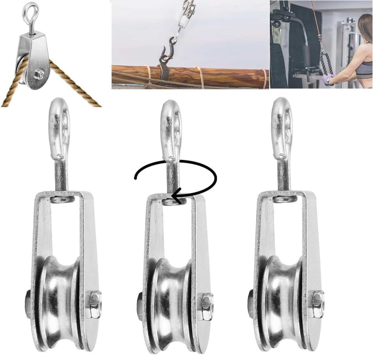 3 Stuks 30mm 360 Graden Draaibare Staalkabel Katrollen Draagvermogen 30kg | Roestvrijstalen draaibare katrollen voor touwen, staalkabels en diverse fitness en constructie toepassingen