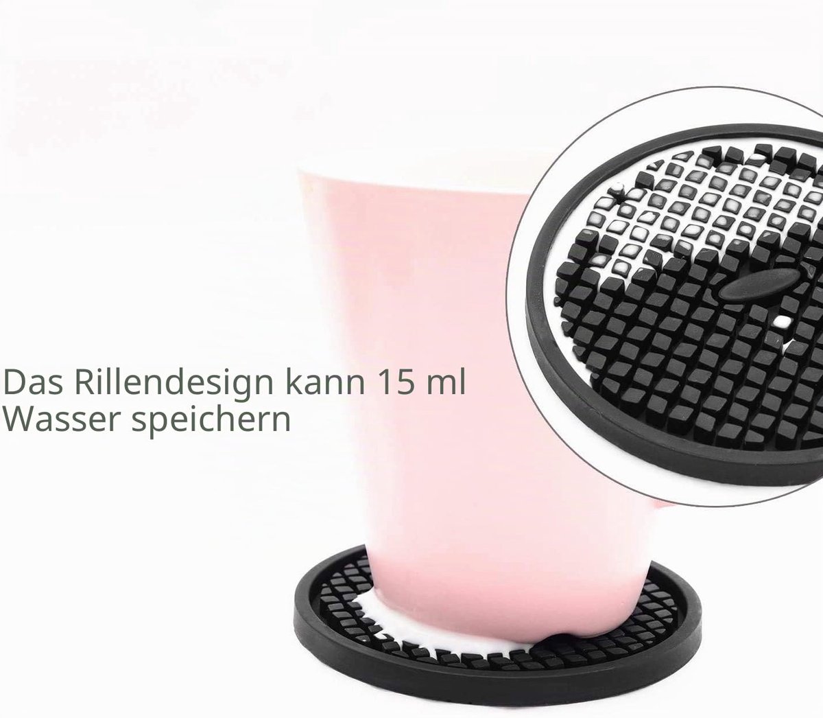 Drink Coasters Set of 6 in Holder, Cup Coaster for Drinks Deep Grooved Absorbent Coaster Protect Furniture from Damage Large 4 inch Cup Mat (grijs)