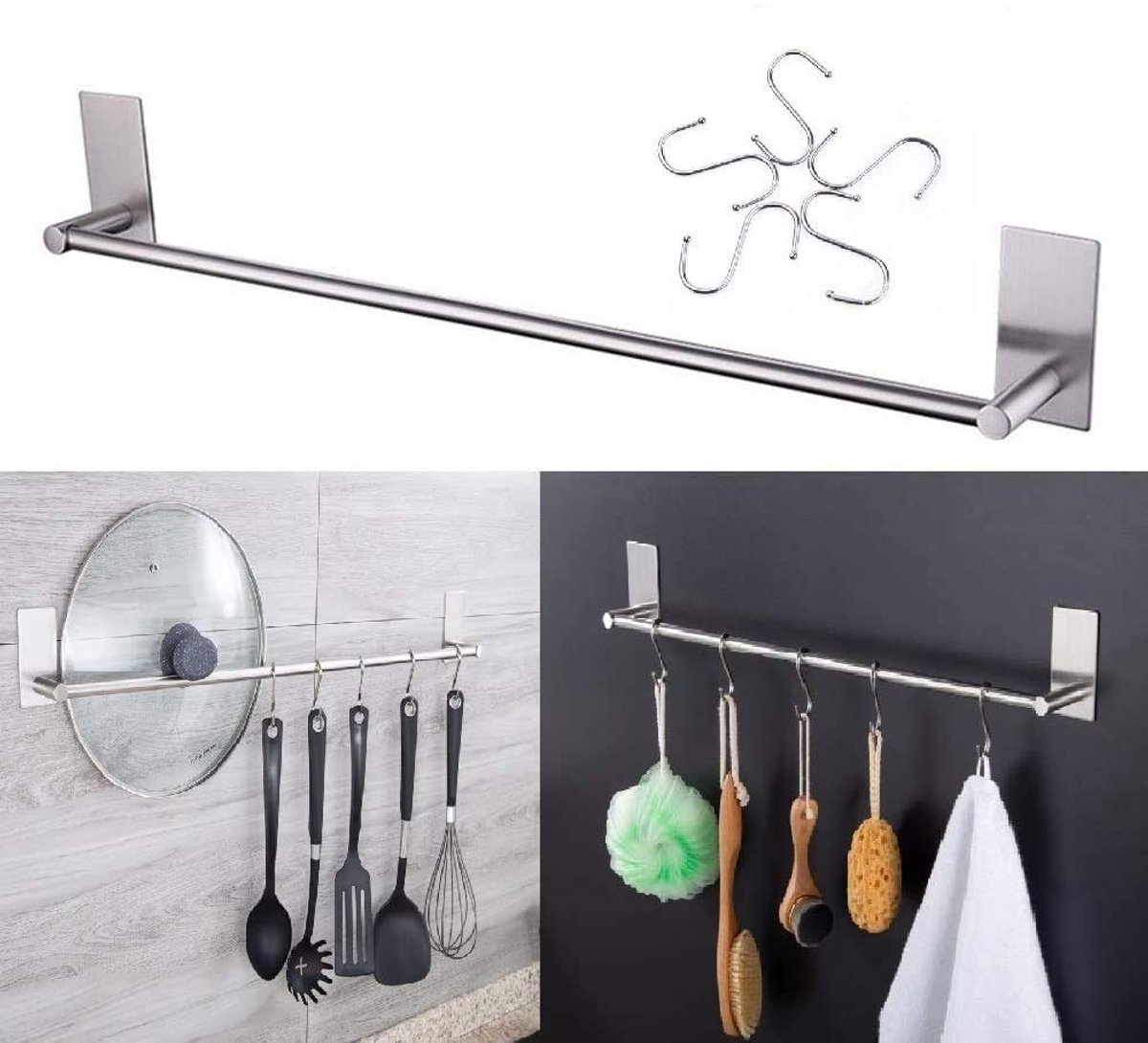 15.7 Inch/40CM Wandmontage Hangende Spoor, Geen Boren 3M Zelfklevende Handdoekenrek, Spoorrek, Pan Pot Rack met 5 Haken voor Keukengerei Gadget Badkamer Houder Gereedschap