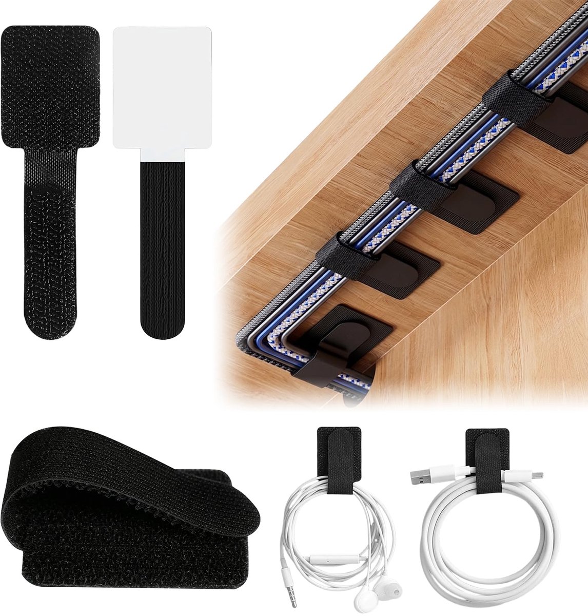 50 Stuks Zelfklevende Kabelmanagement Onder Bureau, Herbruikbare Kabelbinder Verstelbaar Kabelbeheer voor TV PC, Kabelorganizer Zwart Kantooraccessoires