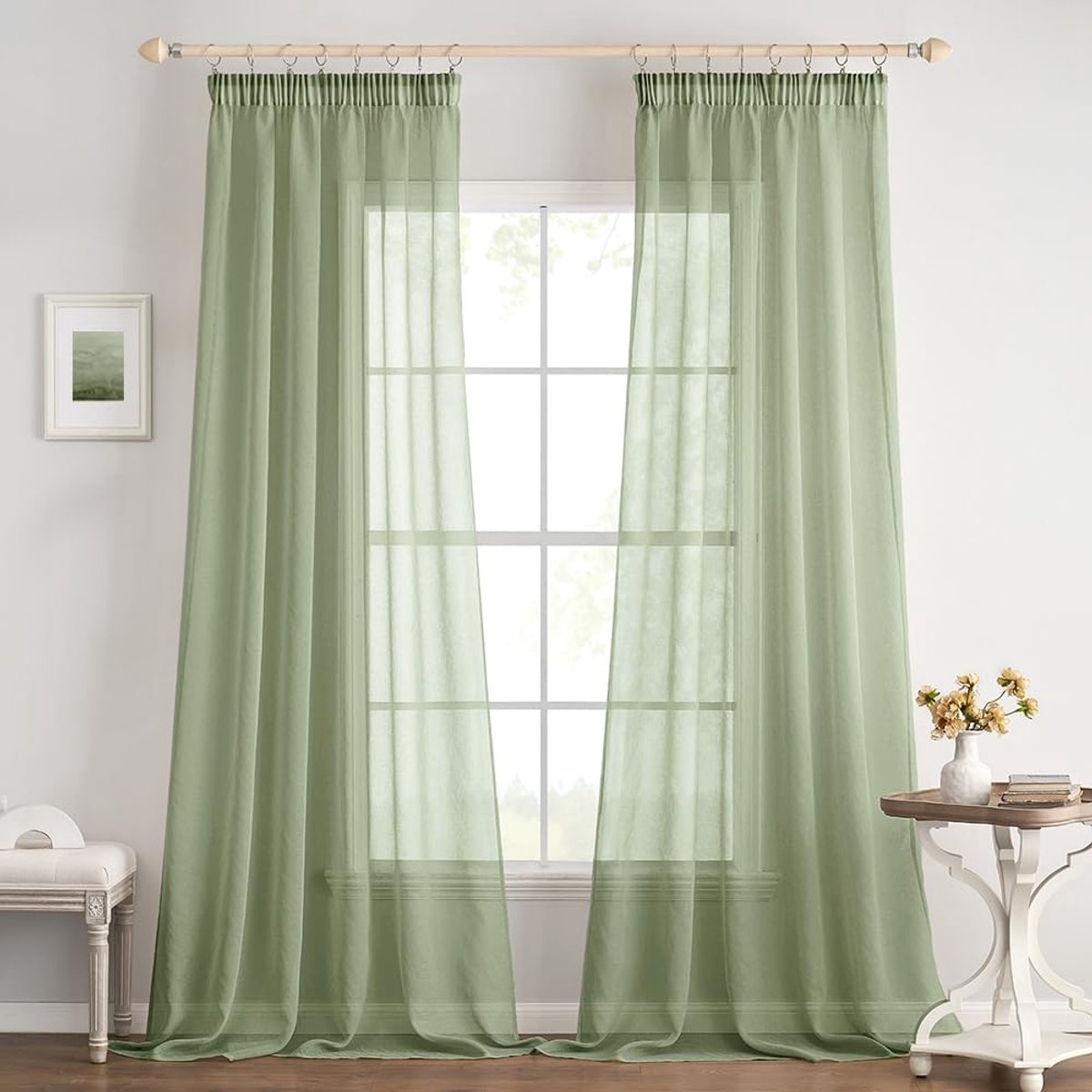 Glasgordijn, polyester voilegordijn met plooiband, transparante vitrage, luchtig, decoratief, voor slaapkamer en woonkamer, set van 2 gordijnen, 140 X 225 cm (b x h), saliegroen