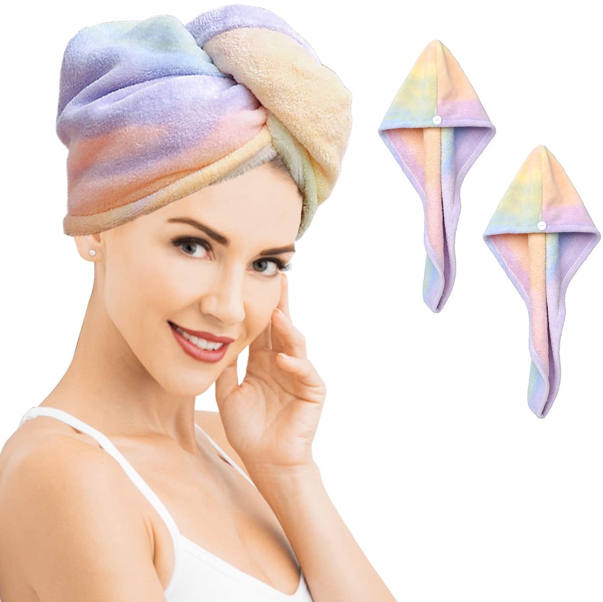 2 stuks microvezel handdoek, wikkeldoek, regenboog, sneldrogend, super absorberend, gedraaide tulband voor het drogen van het haar met knopen en droog haar, hoed voor vrouwen en meisjes