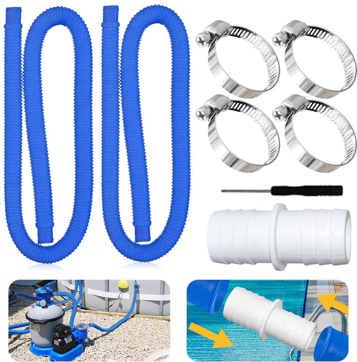 32 mm Voor Zwembadpompen, 2 Stuks Met 4 Veiligheidsclips en 1 Slangconnector, 150 cm, Voor Filterpomp en Zwembad (Blauw)