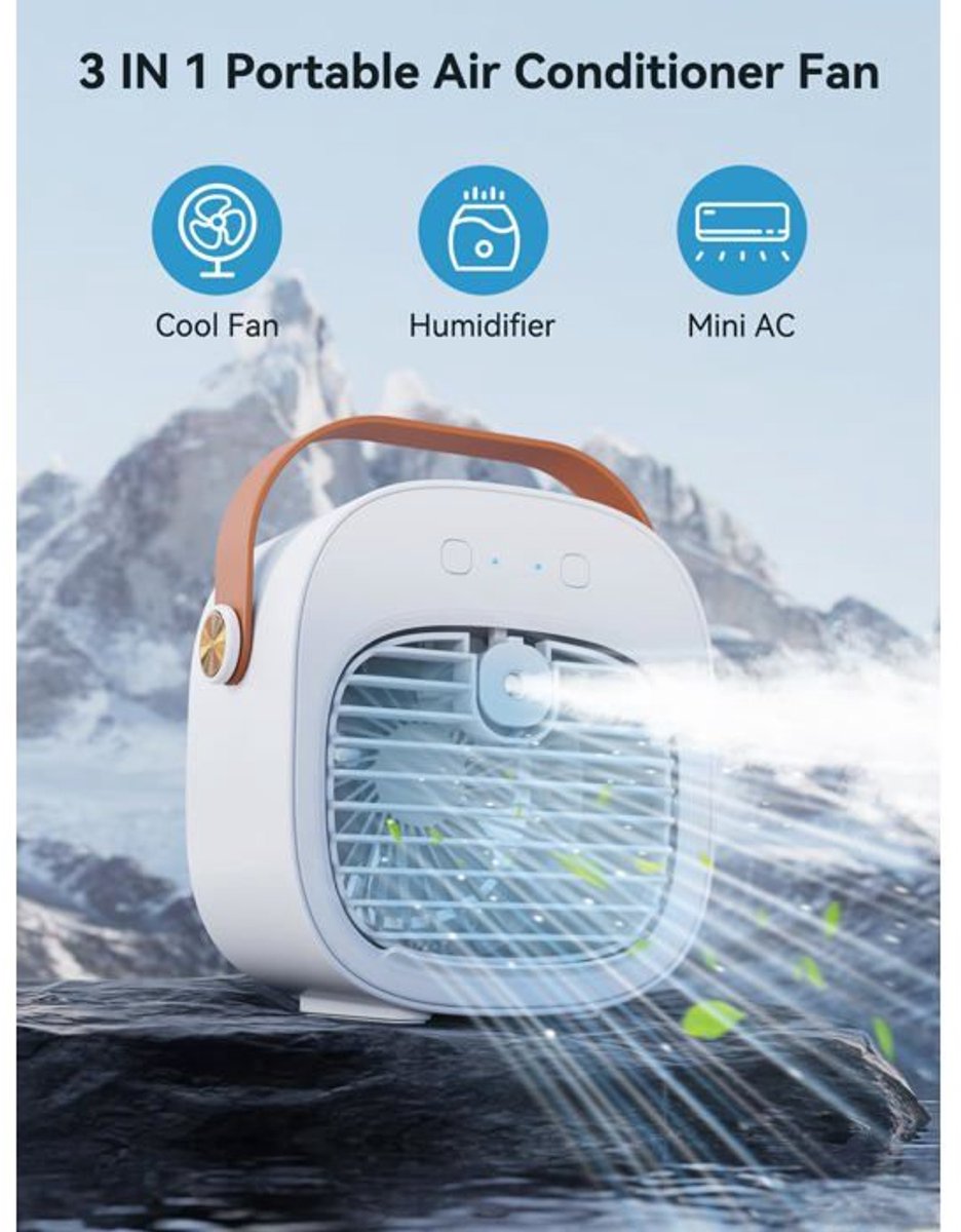 Mini draagbare airconditioner - Stille werking, 4000mAh batterij - Drie ventilatorsnelheden - Batterijduur van 5-10 uur - Geschikt voor kantoren, woningen, slaapkamers en op reis - Wit — afbeelding 2