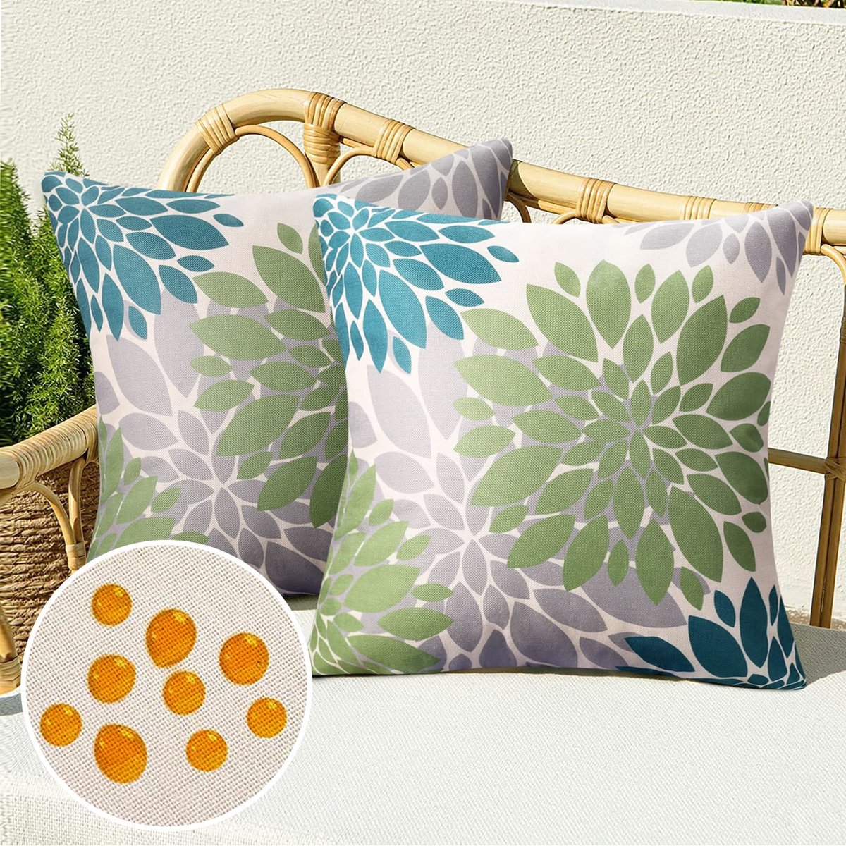 40 x 40 cm, lente, modern, outdoor kussen, bankkussen, kussenovertrek, waterdicht, linnen, zomer, groen en blauw, dahlia, bloem, voor woonkamer, slaapkamer, bank, tuin, terras, decoratie