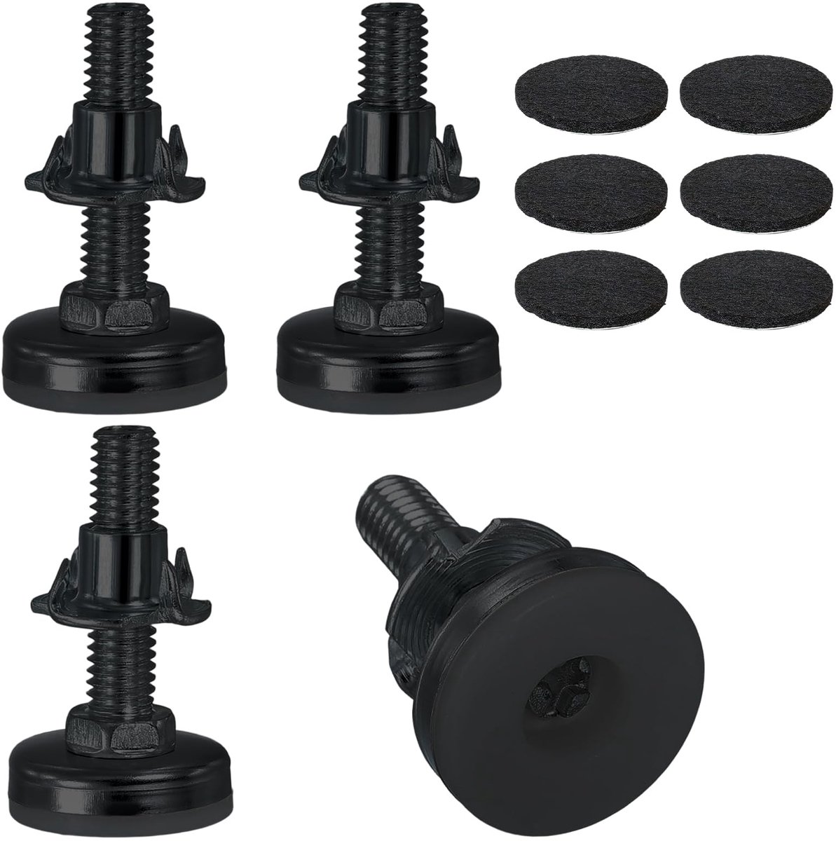 Meubelpoten, M10 × 38 mm nivelleringspoten, zwarte poten voor meubels, met zelfklevende viltglijders en vierkante moer, voor kasten, stoelen, tafels