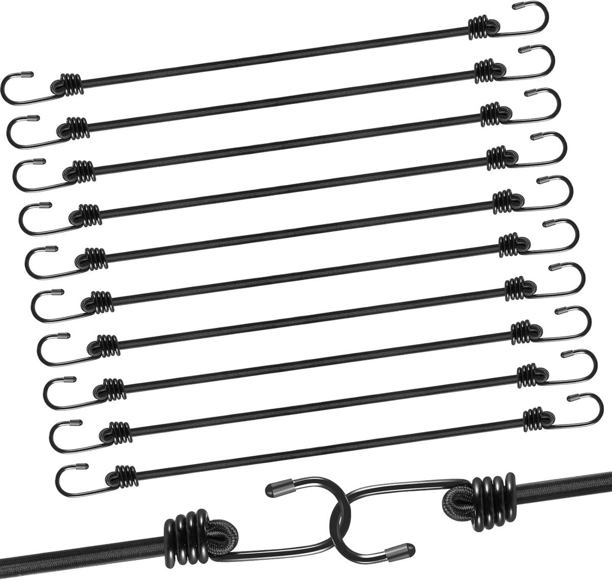 moinkerin Spanrubber met haken, 12 stuks 30 cm, max. 30 kg belastbaarheid expander duurzaam spanrubber voor het vastzetten van bagage, bagagedragers, camps, motorfietsen, dekzeilen