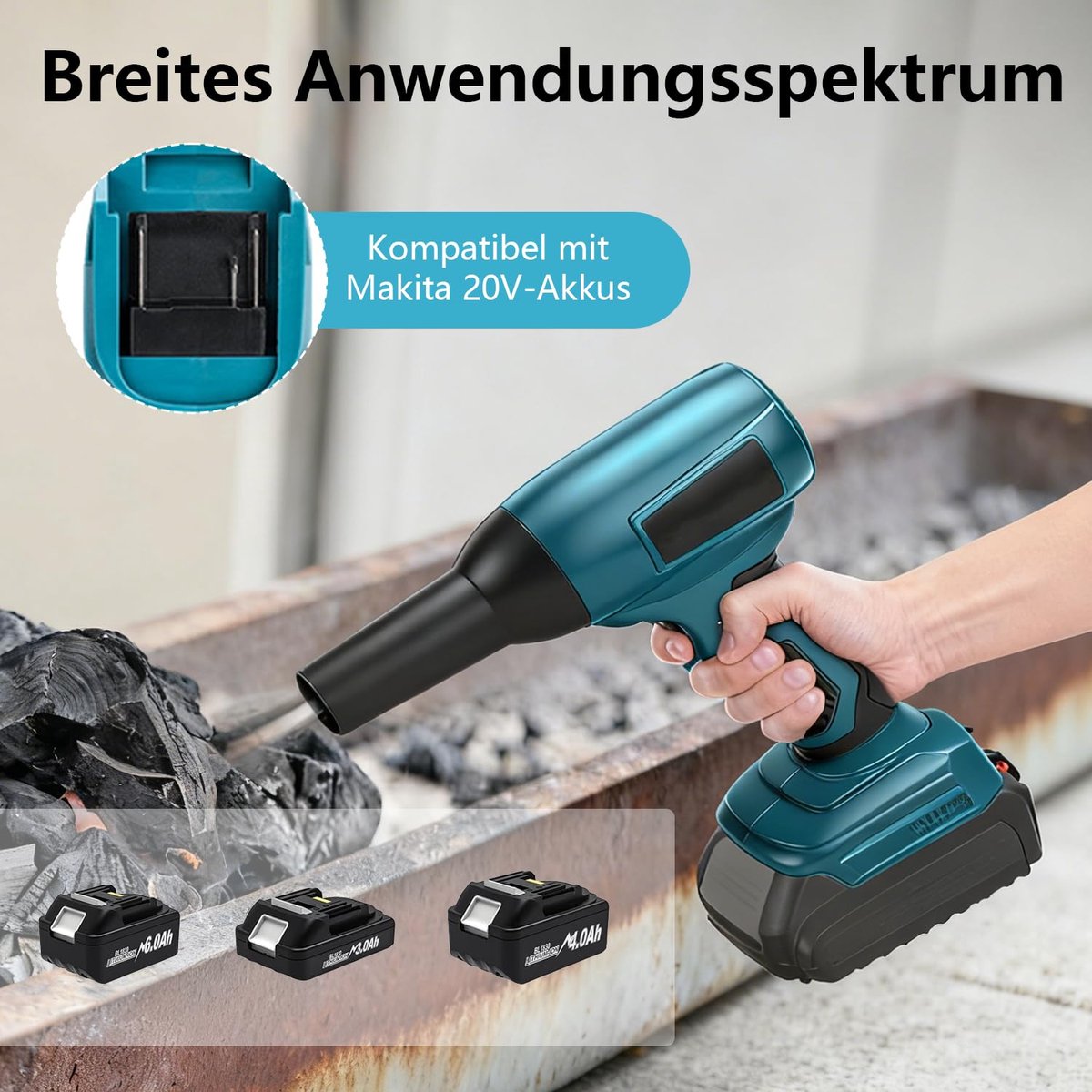 compatibel met Makita 18 V accu's, mini-bladblazer met 5 sproeiers, 30 m/s luchtsnelheid, 130.000 omw/min borstelloze motor, draagbare bladblazer voor het verwijderen van bladeren, stof en – foto 6