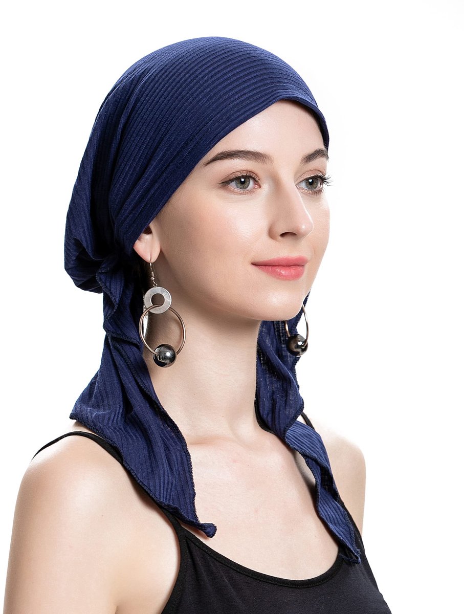 ZLYC Beanie voor dames, zomer, te gebruiken tijdens chemo, tulband, voorgebonden sjaal, Effen marineblauw, one size