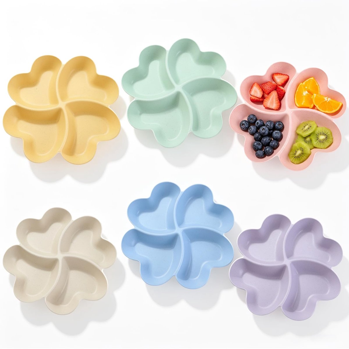 6 stuks snackborden met vakken, hartvormige snackkommen, herbruikbare snackschaal, kunststof, snackbord met onderverdeling, fruitbord voor desserts, snacks, thuis, feesten, buffet
