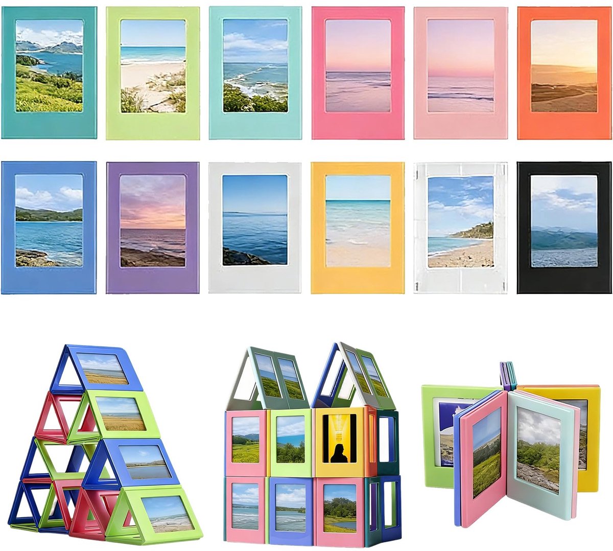 12 stuks mini-fotolijst, 7,5 cm magnetische fotolijst, kleurrijk, fotomagnet zelf vormgeven, compatibele Polaroid fotolijst, perfect om waardevolle herinneringen te presenteren
