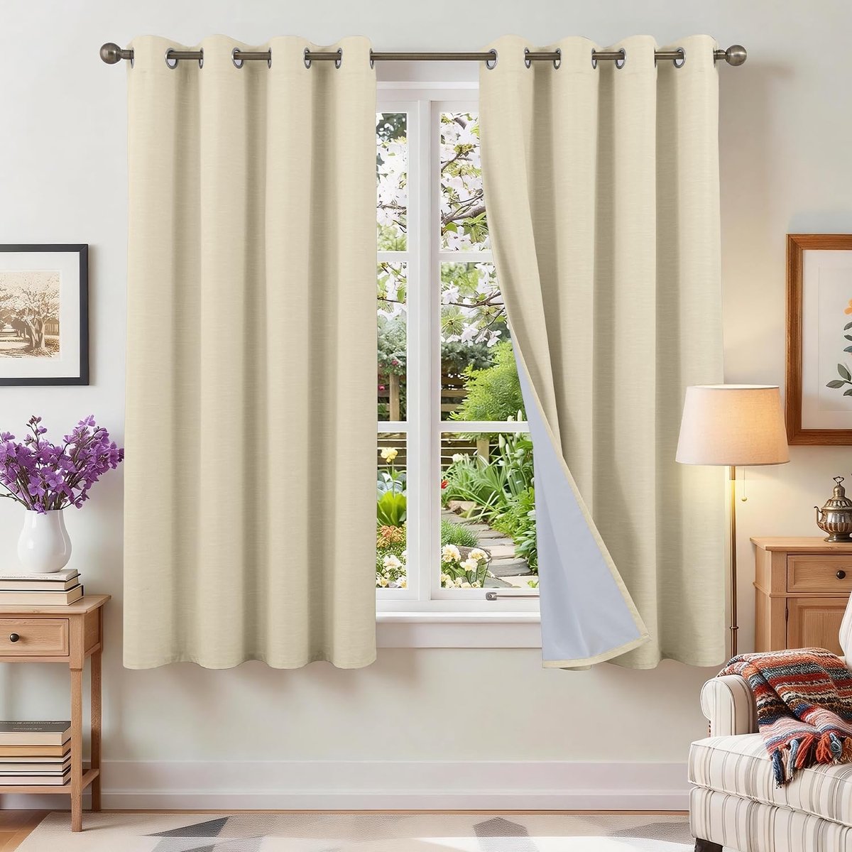 Gordijnen, ondoorzichtig, linnenlook, gordijnen met inslagringen, linnen, set van 2, h 175 x b 140 cm, thermogordijn, hittebescherming, akoestisch, grijs-wit, geluidswerend gordijn voor