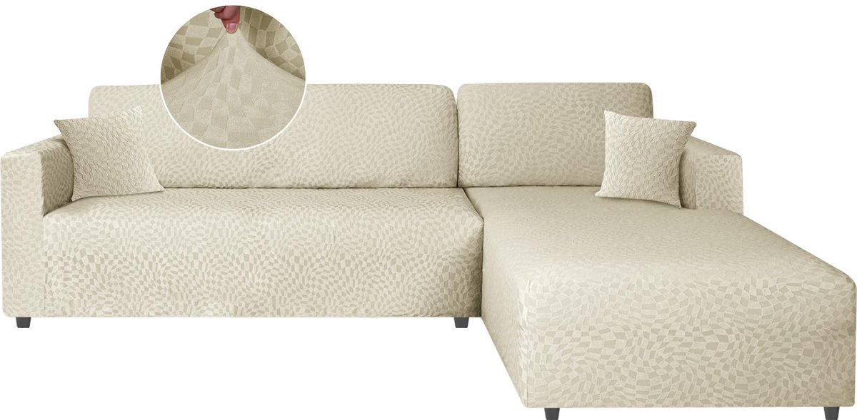 Bankhoes Met Links Rechts Schiereiland, Stretch Hoekbankhoes, Sofahoes Chaise Longue, Bankhoes in L-vorm (2 Plaatsen+2 Plaatsen, Beige)