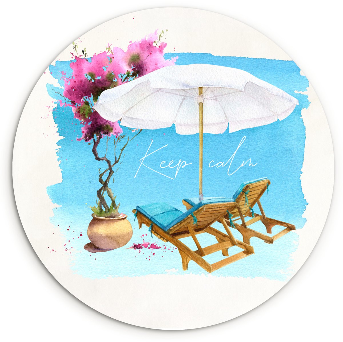 WallCircle® Wandcirkel 140x140 cm - Muurcirkel Strandstoel - Parasol - Bloemen - Tekening