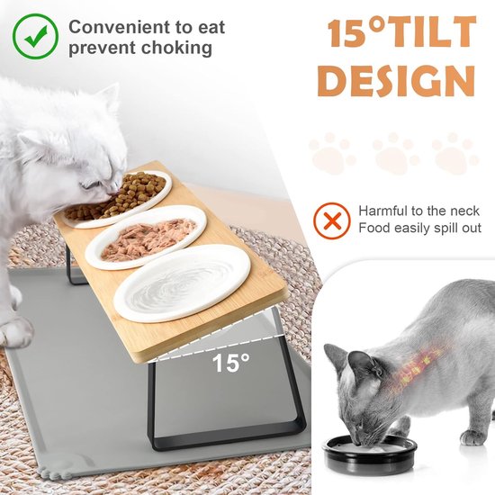 Verhoogde kattenbak, set van 3 keramische voerbakken met bakonderlegger, siliconen - 15° gekanteld voederstation hondenbak, voederbak en waterbak voor katten en kleine honden — afbeelding 2