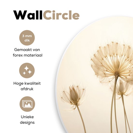 Wandcirkel met silhouetten van uitgebloeide paardenbloemen met zaden op een lichte achtergrond.