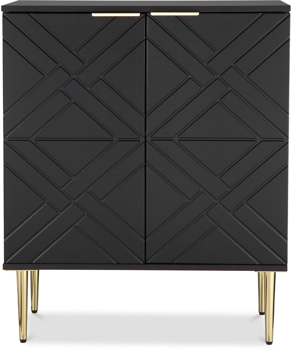 Dressoir - 74x40x88cm - Buffetkast Modern - Opbergkast Woonkamer - Geometrisch Reliëf - Gouden Handgrepen - Metalen Poten - Verstelbare Planken - Voor Keuken en Eetkamer - Zwart