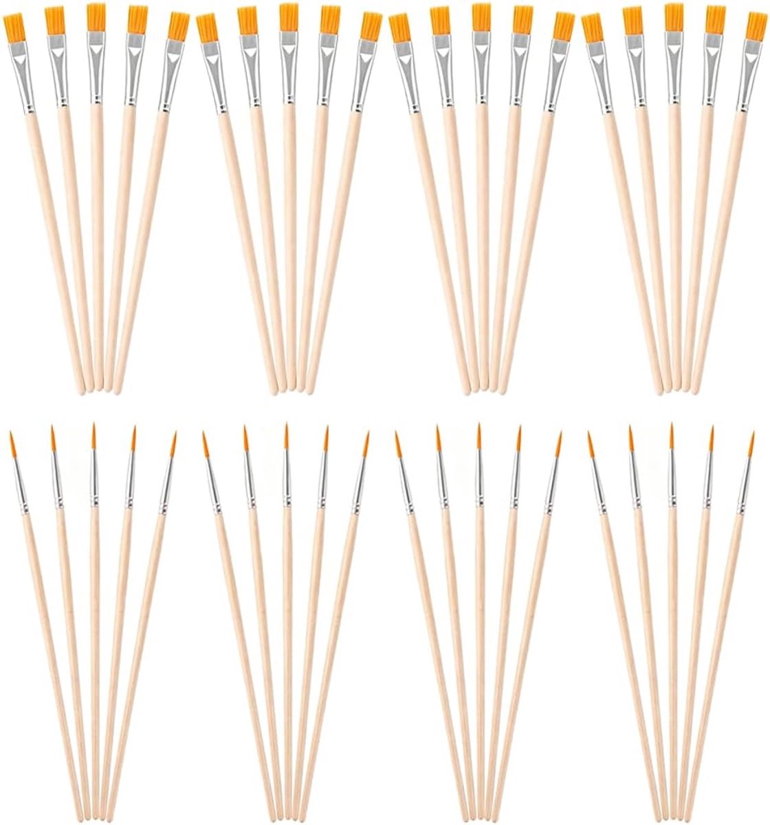 Set van 40 penselen, diverse vormen, platte en puntige punt, fijne penselenset voor aquarel, gouache, olieverf, ideaal voor kunstenaars
