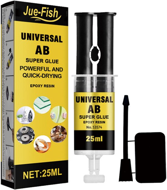 Verpakking en dubbele spuit met 'JUE-FISH UNIVERSAL AB SUPER GLUE EPOXY RESIN' logo. Netto: 25ml.