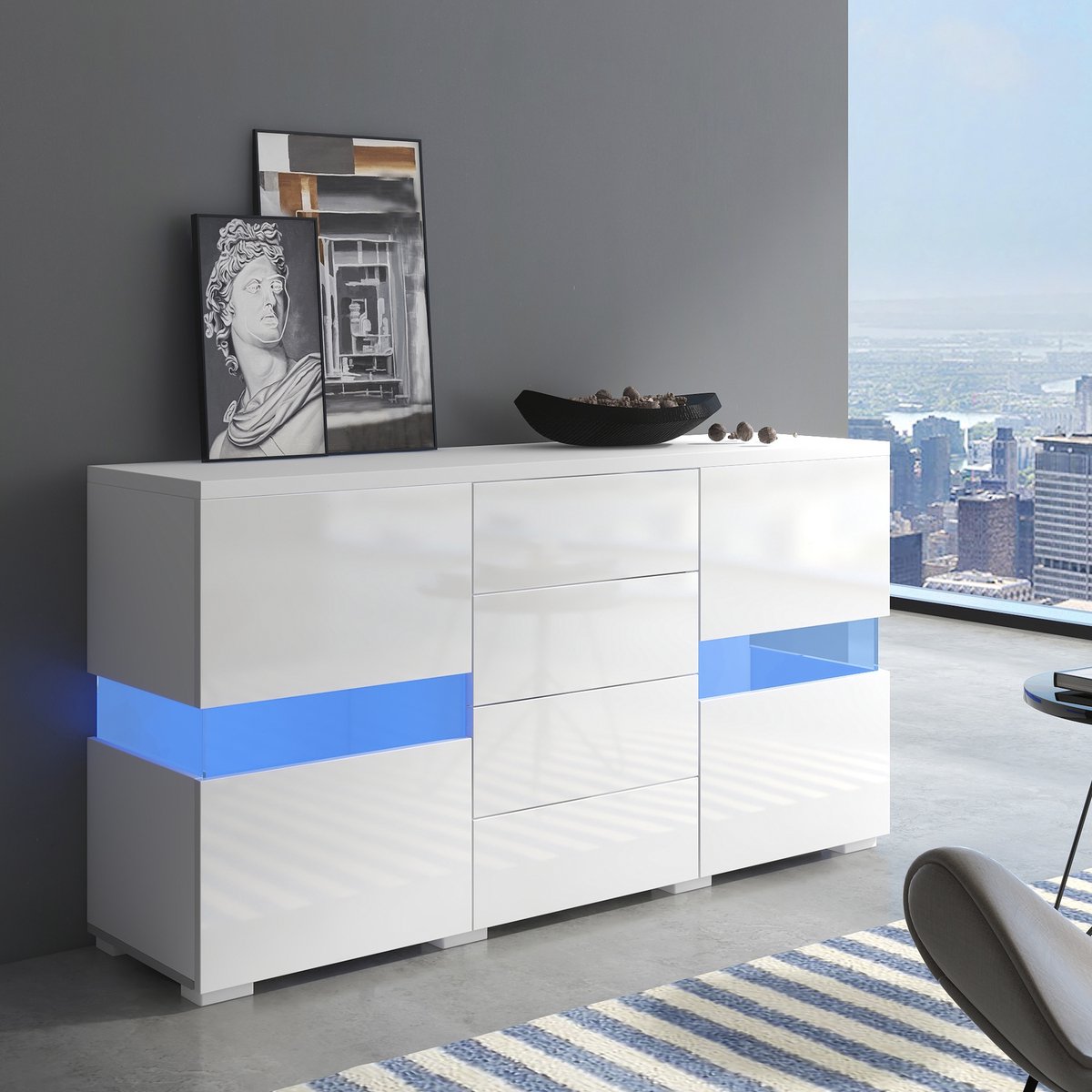 Zubaliya Sideboard - wit hoogglans - 16 kleuren LED (app) - 2 acryl deuren & 4 laden - USB