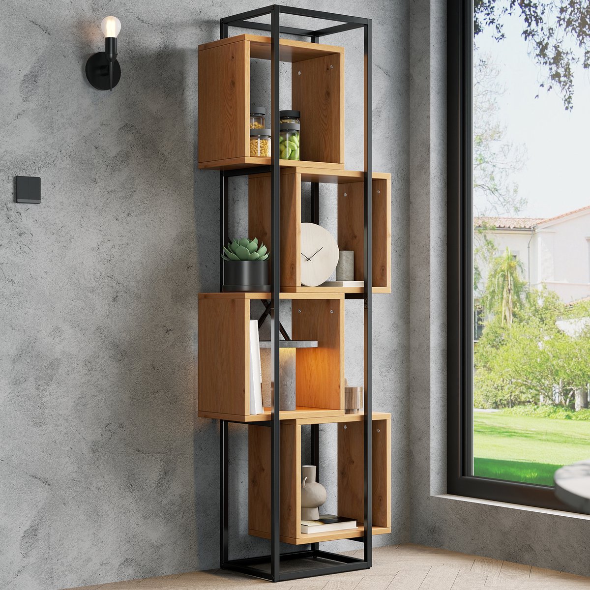 Zubaliya Boekenrek - 59x30x180 cm zwart/hout - creatief stapelontwerp - 4 vakken - MDF planken