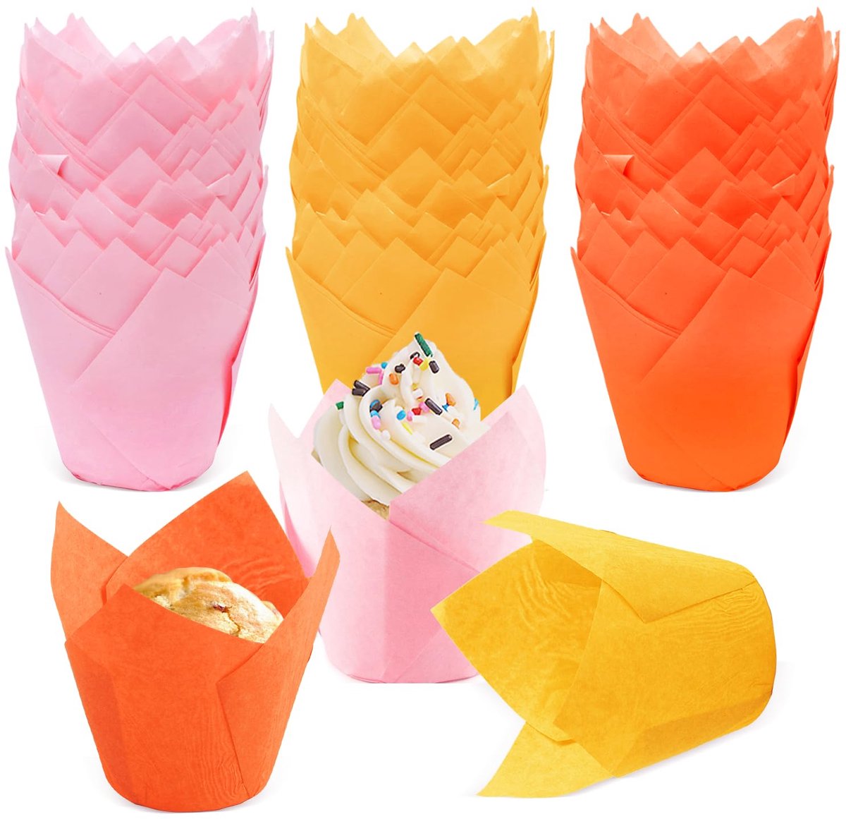 Muffinvormpjes, papier, 150 stuks, tulpen, cupcake-wrappers voor bruiloft, verjaardagsfeest, drie kleuren B