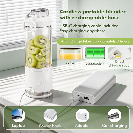 Draagbare Blender - Smoothie Maker Elektrisch - Gezonde Dranken Maken - 6 Roestvrijstalen Bladen - 650 ml - Wit — afbeelding 3