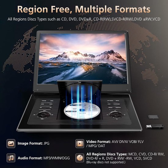 17,9-inch draagbare dvd-speler voor kinderen met 15,6-inch draaibaar scherm, oplaadbare accu (5 uur), dvd-speler voor in de auto met luid stereogeluid, afstandsbediening, ondersteuning voor tv-synchronisatie, regiovrij (USB/SD/AV), zwart — afbeelding 2