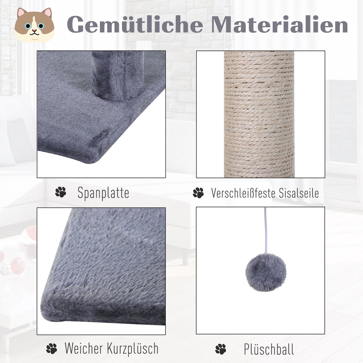 Kattenboom 70 cm Kleine kattenboom met pluche bal, sisalpaal, groot platform, hangmat, krabpaal, klimboom, voor kleine katten, grijs – foto 7